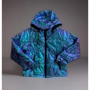 Clubexx Women's Blue Holographic Puffer Rave Jacket | Dollskill Size Medium